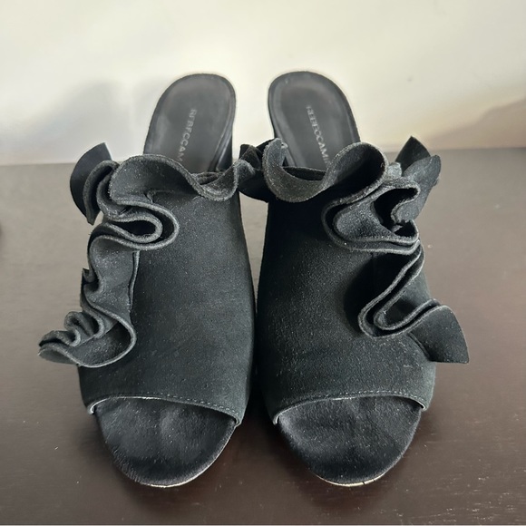 Rebecca Minkoff Jaxon Mules Black Suede Ruffled Heels Sandals - Picture 4 of 9